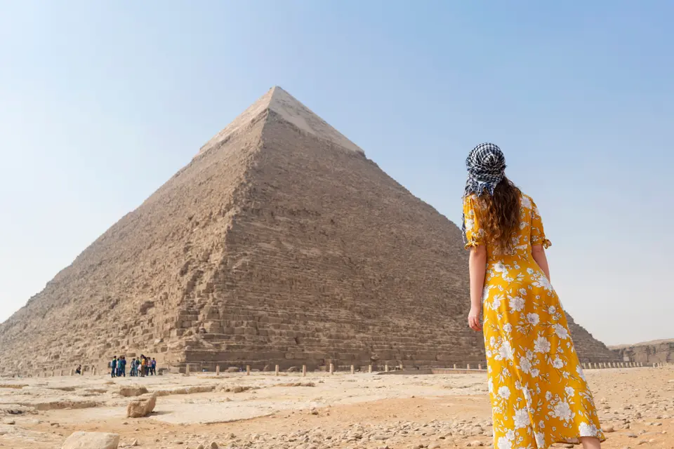 Traveller at the Pyramids of Giza, Egypt