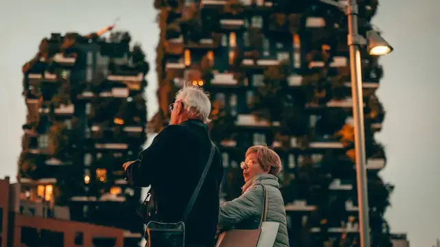 Senior couple enjoying a city view together