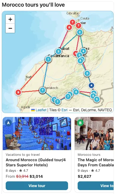 Map widget showing interactive Leaflet map with tour routes and tour cards below