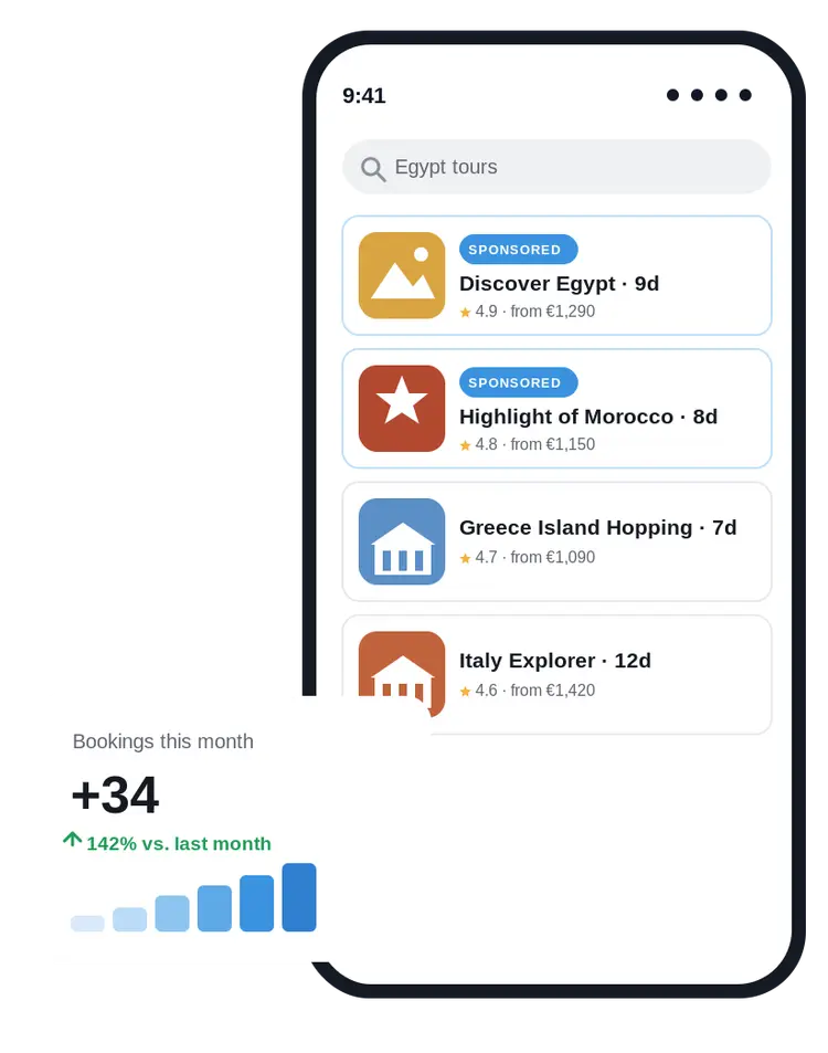 TourRadar Ads - sponsored tour listings in the TourRadar app showing Egypt tours with bookings growth chart