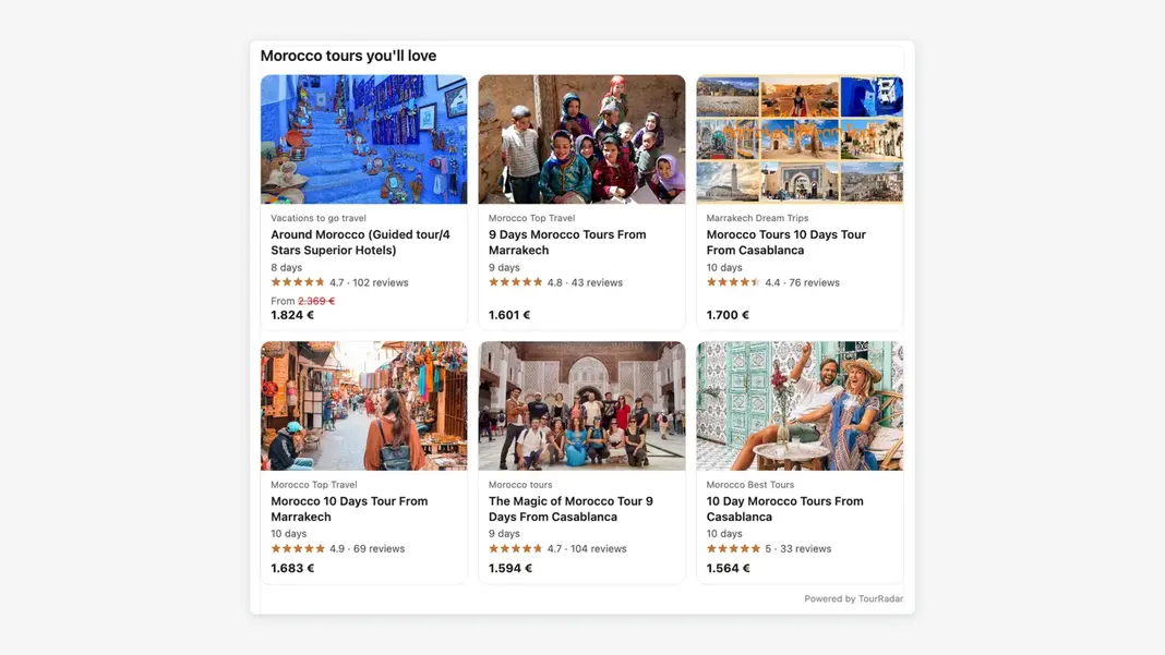 TourRadar tour grid widget embedded on a travel agent website - tiled layout showing six bookable tour cards with prices