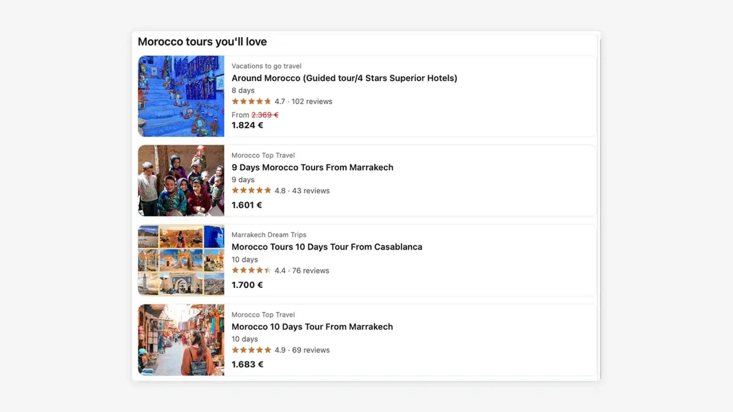 TourRadar tour list widget embedded on a travel agent website - compact vertical list of tours with thumbnail images and prices