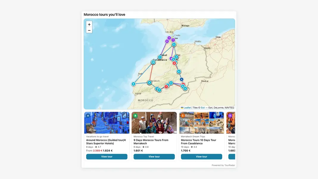 TourRadar tour map widget embedded on a travel agent website - interactive map showing tour routes with numbered destination pins