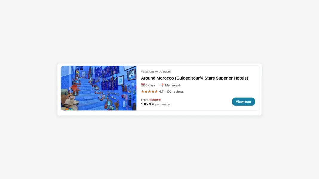 TourRadar single tour booking widget embedded on a travel agent website - featured tour card with rating, duration and direct booking link