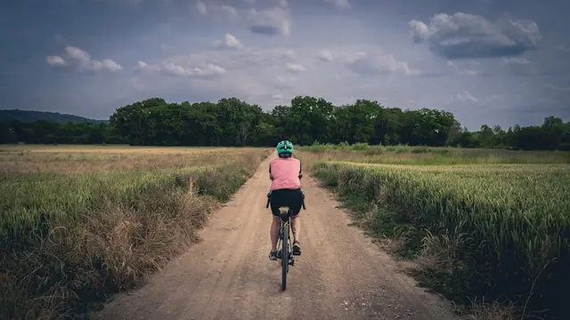 Cyclist touring through countryside fields