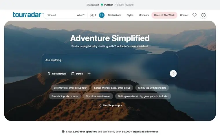 Conversational search on TourRadar screenshot