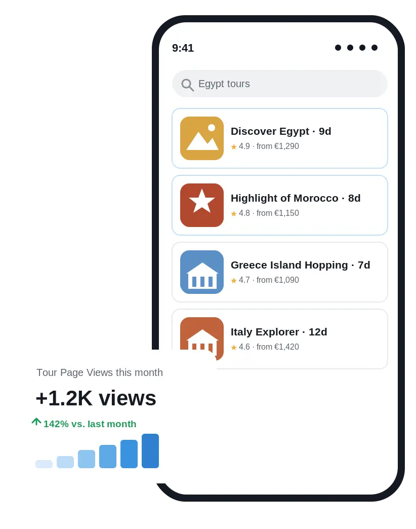TourRadar Ads - sponsored tour listings in the TourRadar app showing Egypt tours with bookings growth chart
