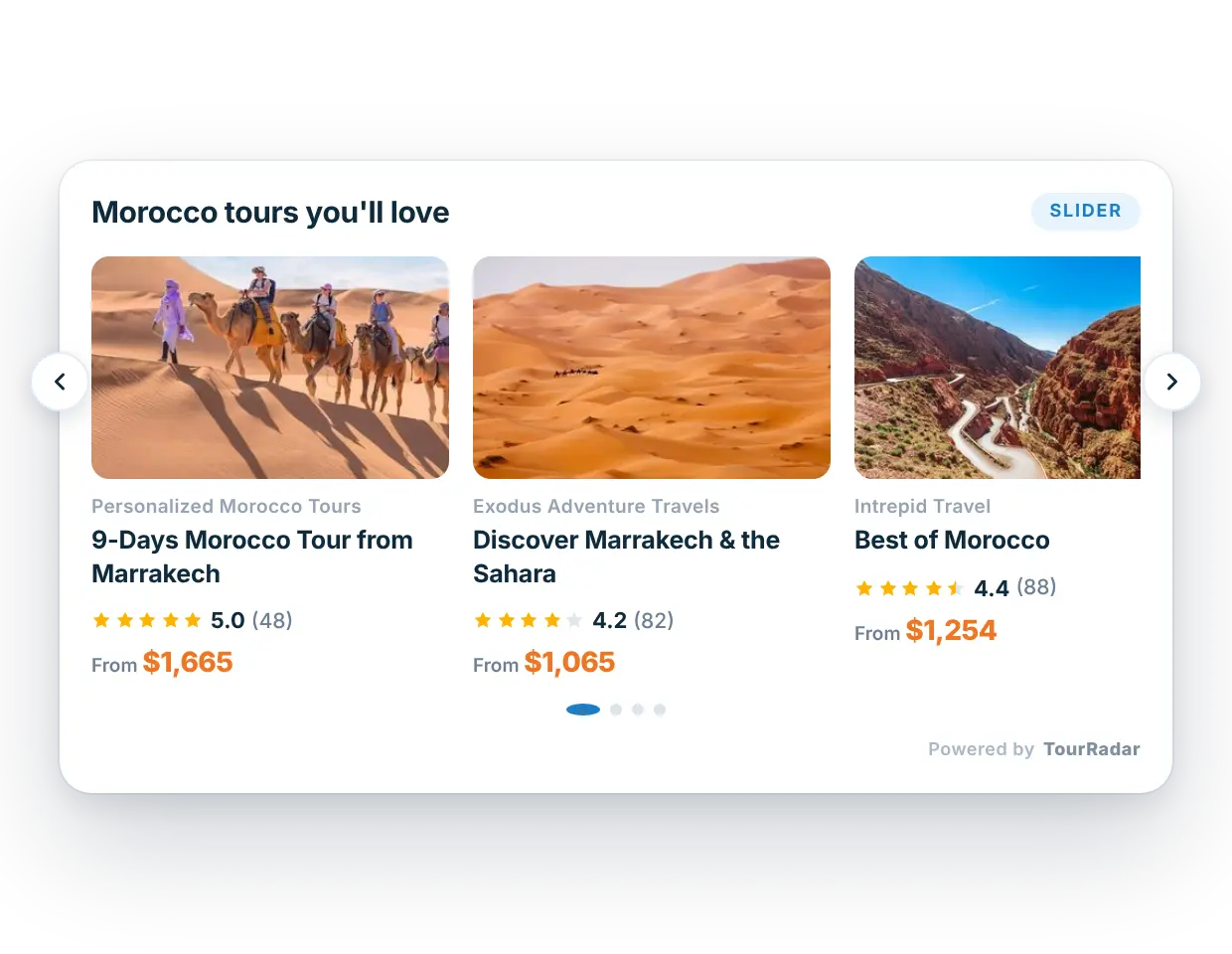 TourRadar tour slider widget embedded on a travel agency website - rotating carousel of bookable tour cards with prices