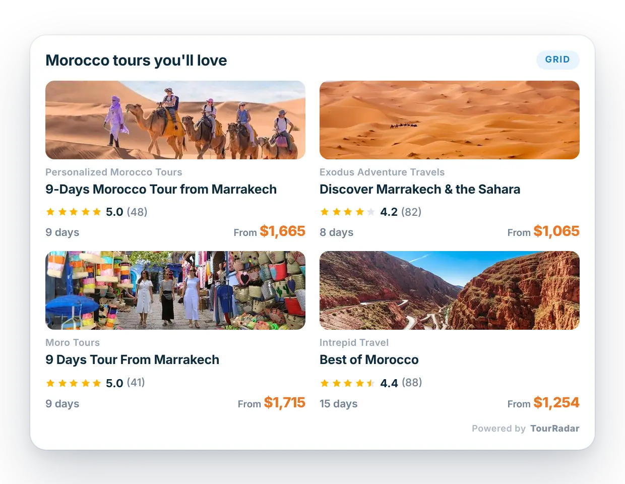 TourRadar tour grid widget embedded on a travel agent website - tiled layout showing six bookable tour cards with prices