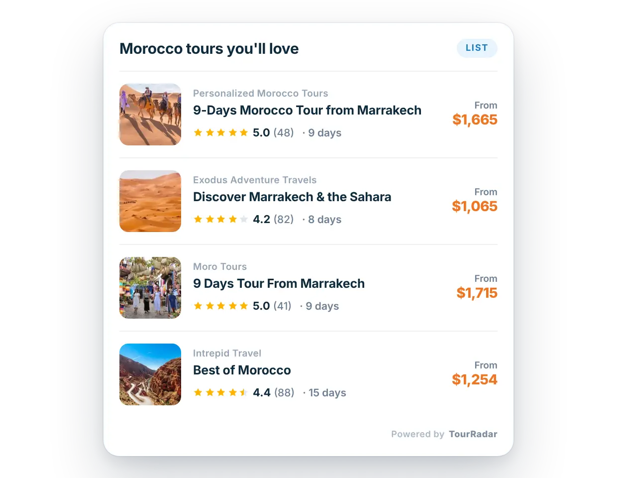 TourRadar tour list widget embedded on a travel agent website - compact vertical list of tours with thumbnail images and prices
