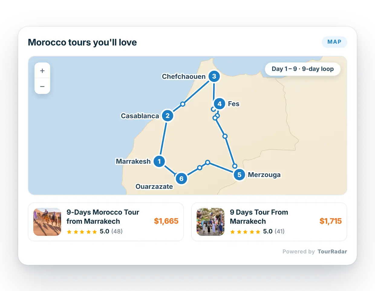 TourRadar tour map widget embedded on a travel agent website - interactive map showing tour routes with numbered destination pins