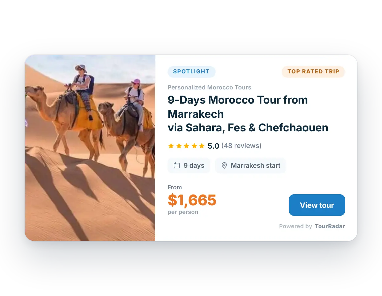 TourRadar single tour booking widget embedded on a travel agent website - featured tour card with rating, duration and direct booking link