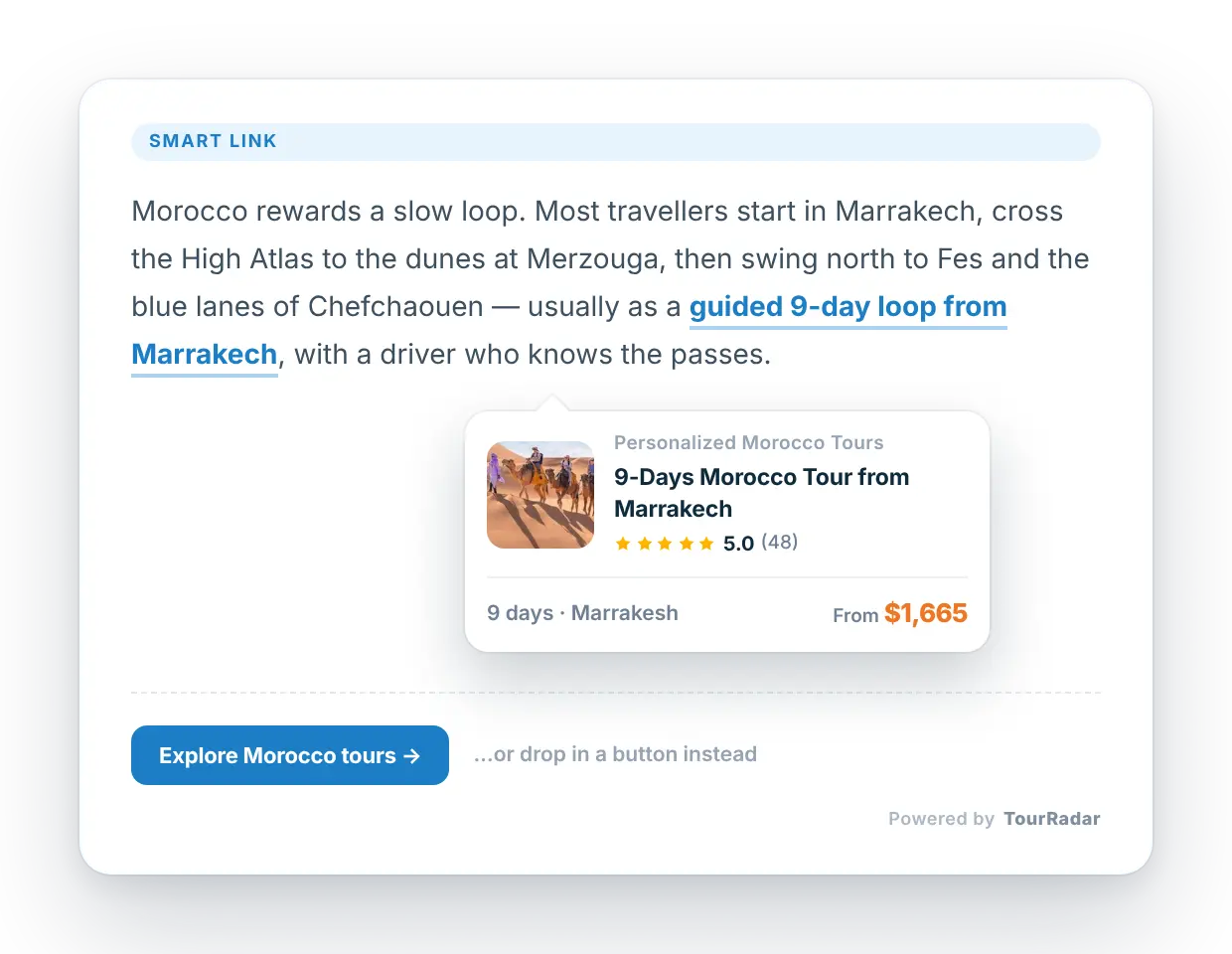 TourRadar smart link tour widget embedded on a travel agent website - inline teal button linking clients to browse and book tours